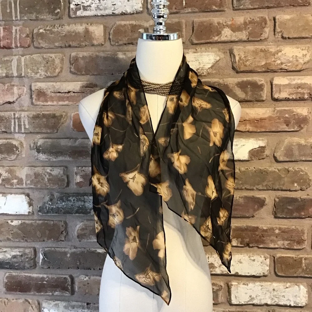 Ellen Tracy Women's Black & Tan Floral SILK Scarf